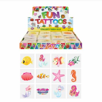 FUN TATTOOS - MOTIV: MEERJUNGFRAU / MERMAID, Jede Packung 12x Tattoos IM DISPLAY (48 Stk.)