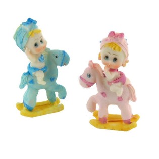 Geburt Tortenaufsatz - Baby auf Schaukelpferd 9 cm (4 Stk.)