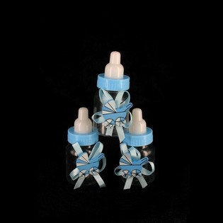 Blaue Deko-Babyfl&auml;schchen mit Kinderwagen (12 Stk.)