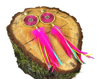 Luxus-Ohrringe Fuchsia mit Federn (1 Stk.)