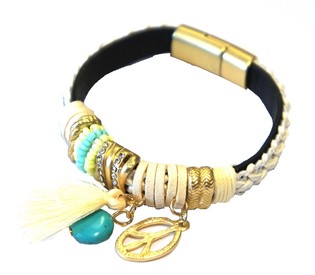 Ibiza Armband Creme mit Quaste & Peace-Anh&auml;nger (1 Stk.)