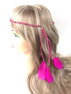 Geflochtenes Ibiza-Haarband mit Federn - Fuchsia (1 Stk.)
