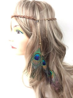 Geflochtenes Haarband Braun mit Pfauenfedern | Ibiza-Style Boho Haarschmuck (1 Stk.)