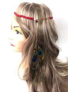 Geflochtenes Haarband Bordeaux mit Pfauenfedern (1 Stk.)