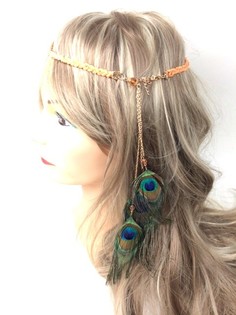 Geflochtenes Haarband Orange/Lachs mit Pfauenfedern (1 Stk.)