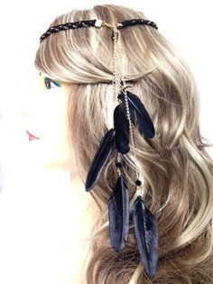 Geflochtenes Haarband mit Federn Schwarz (1 Stk.)