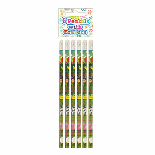 6-teiliges Bauernhof Tier Bleistift & Radiergummi Set - Display (24 Sets)